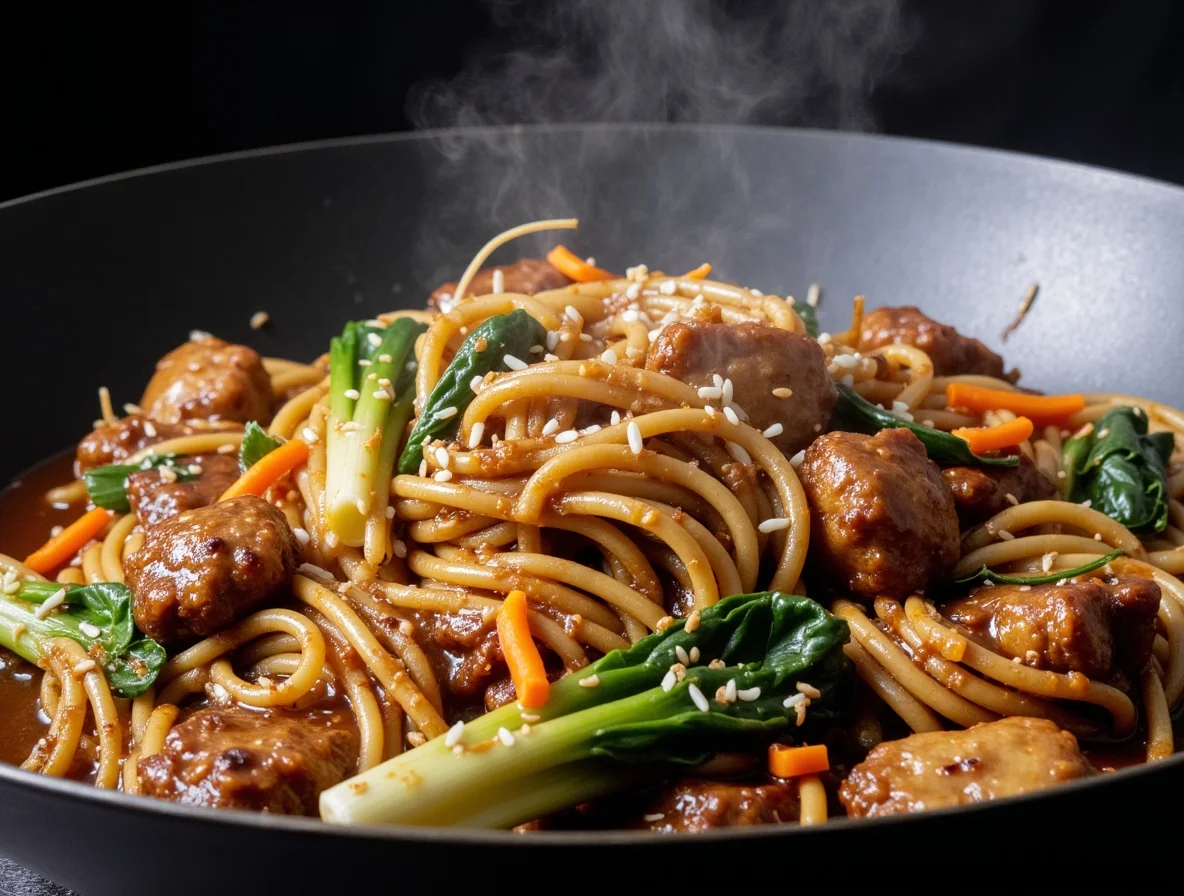 Stir-fried Rice Noodles with Chicken and Pak Choi