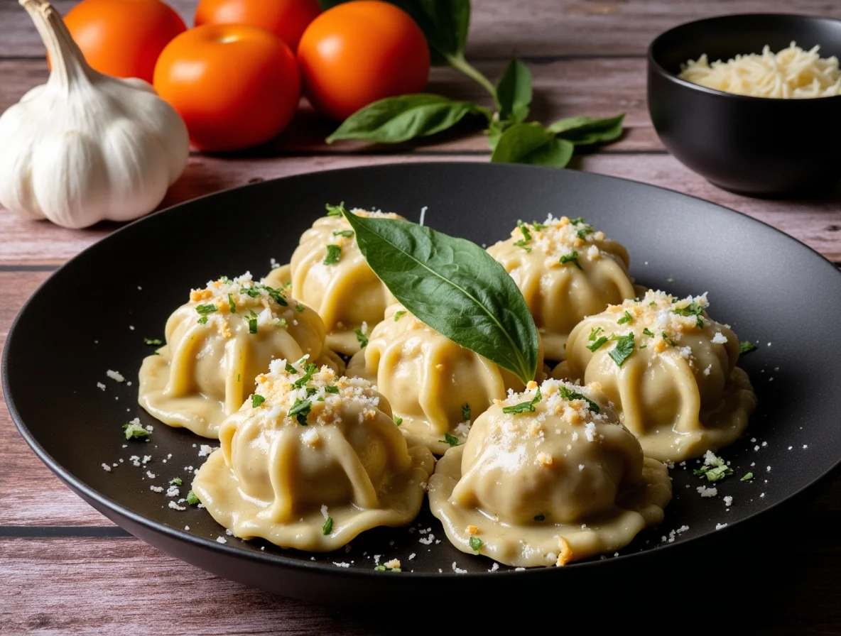 Hjemmelaget ravioli med grønnsaker og ferskost